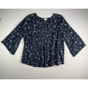 J. Jill Cotton Pintuck Floral Blouse Blue Green Pleated Top Women’s Large
